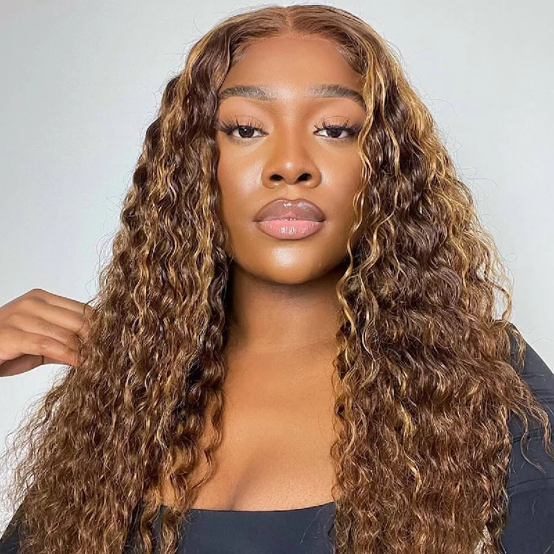 Glueless wig with a 180 - density for a full and thick appearanceAngieQueen Glueless Breathable Wigs 5x5 Lace Wig  Deep Wave 4/27 Color Human Hair Air Wigs