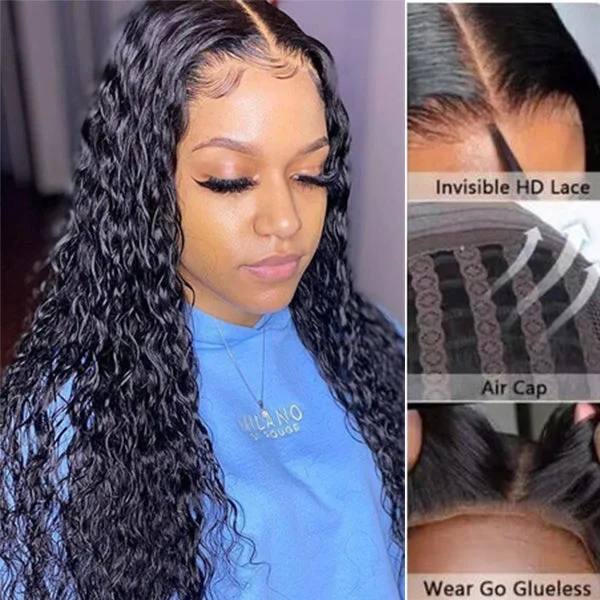 Glueless wig with a wavy texture for a beachy lookAngieQueen Glueless Breathable Wigs 5x5 Lace Wigs Indian Water Wave Human Hair Air Wig