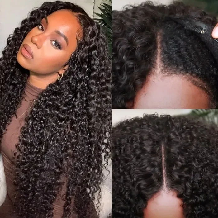 Glueless wig with a curly texture for a bold and stylish choiceAngieQueen Glueless V Part Wig Natural Scalp Curly Wave Human Hair Wig Without Leave out