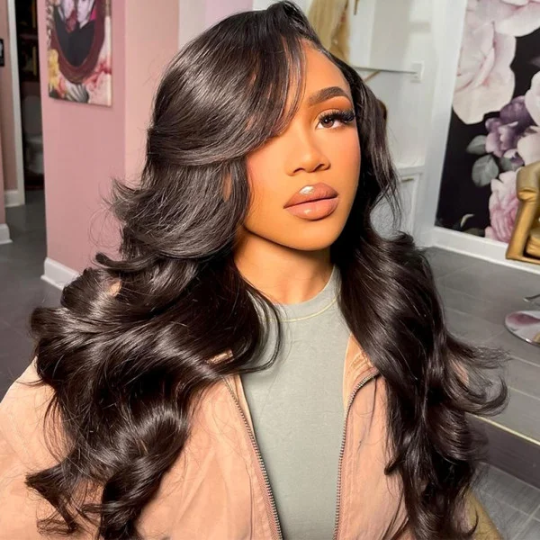 Glueless lace - front wig with a natural - looking hairlineAngiequeen HD 4X4 Body Wave Wig 14-36inches Glueless Transparent Lace Long Wig