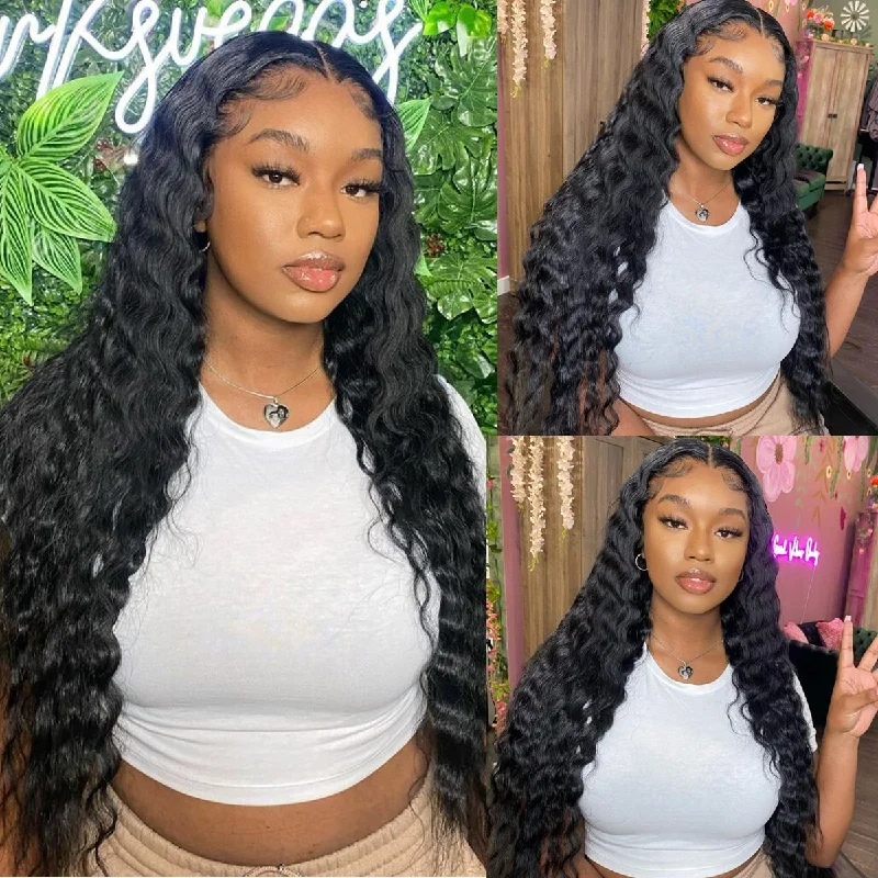 Glueless wig with a side - part for a more flattering lookAngiequeen Loose Deep  Wave Real 13X4 HD /Transparent Long Glueless Natural Black Wig