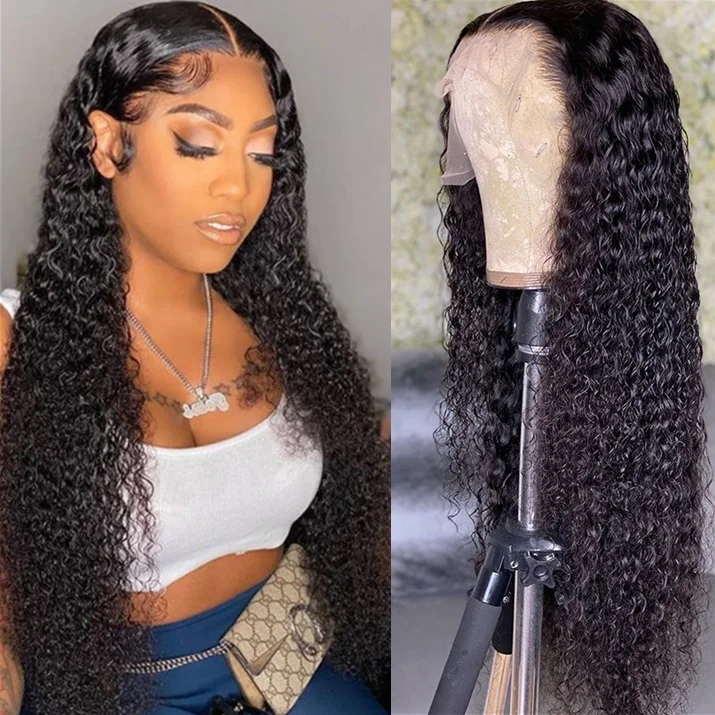 Glueless wig with a 180 - density for a full and thick appearanceAngiequeen Real 13X4 HD /Transparent Curly Wave Natural Black Long Glueless Wig