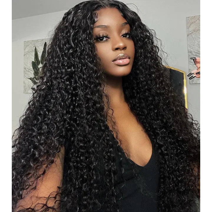 Glueless wig with a side - swept bang for a sophisticated lookAngiequeen Real 4X4 HD /Transparent Lace Closure Curly Wave Glueless Long Wig