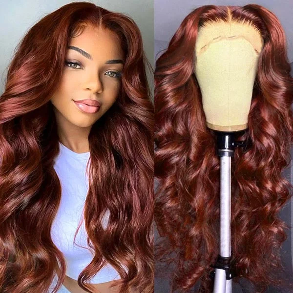 Human - hair medium - length wig for a natural and luxurious feelAllove Auburn Brown Barbie Hair Body Wave 13x4 HD Glueless Lace Frontal Human Hair Wigs