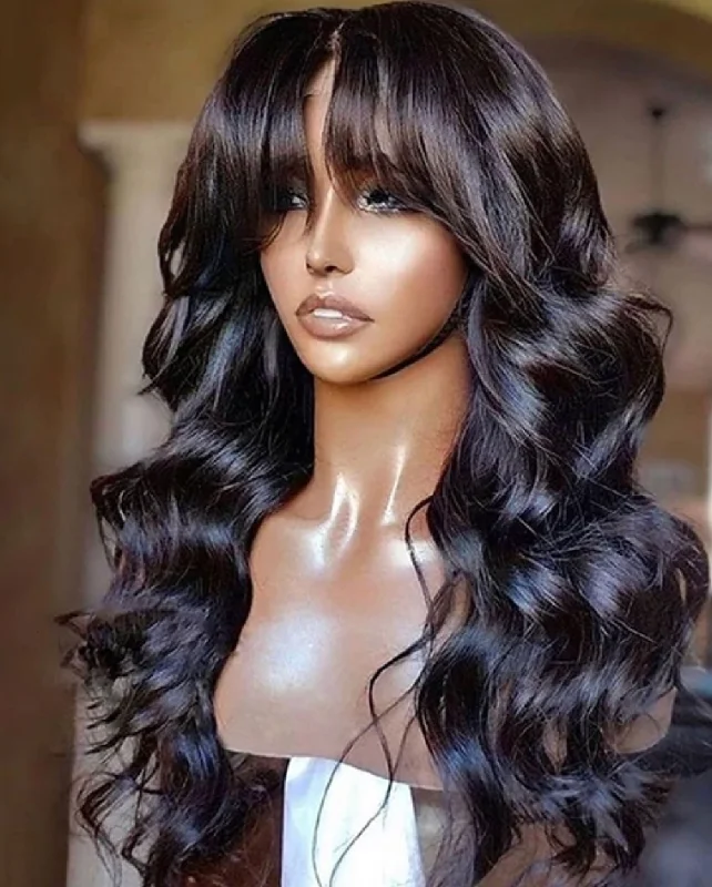 Glueless wig with a pre - plucked hairline for a more natural lookBody Wave 'Fringe' Bangs Wig