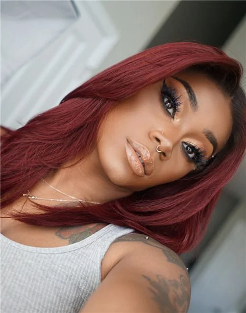 Glueless wig with a silk - base cap for a comfortable and smooth feel16-20 Inch Burgundy Ombre Layered Glueless Human Hair Lace Wig / Closure Wig - Laurasia LFW029