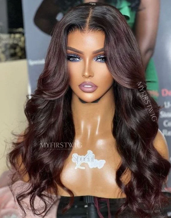 Glueless wig with a pre - plucked hairline for a more natural look16-20 Inch Dark Cajun Spice Wavy With Curtain Bangs Glueless Human Hair Lace Wig / Closure Wig - SPE019