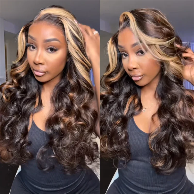 Glueless wig with a silk - base cap for a comfortable and smooth feeleullair Balayage Highlight Blonde Body Wave Glueless Wig Colored Skunk Stripe Lace Frontal Human Hair Wig