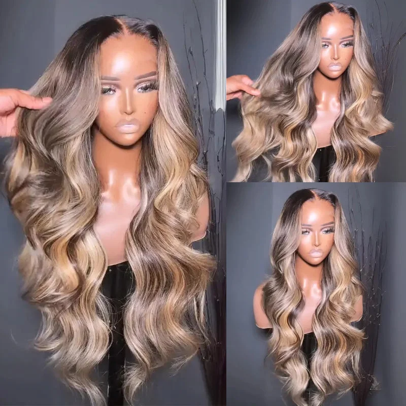 Glueless human - hair wig for a comfortable and natural feeleullair Balayage Highlight Body Wave Glueless Human Hair Wig Blonde With Black Root Colored Lace Frontal Wig