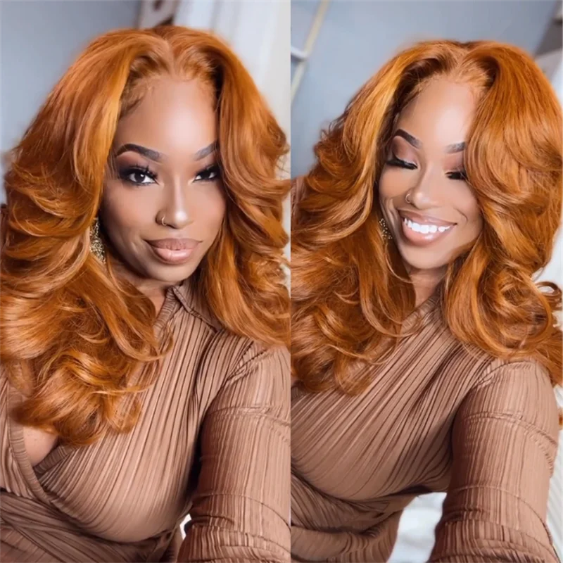 Glueless wig with a pre - bleached knot for a natural - looking scalpeullair Ginger Brown Body Wave Wig Glueless Pre Styled Layered Cut Curtain Bangs Human Hair Lace Frontal Wig