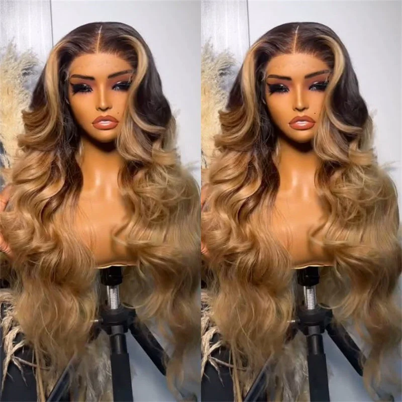 Glueless wig with a side - swept bang for a sophisticated lookeullair Glueless Dark Root Ombre Ash Honey Blonde Human Hair Wig Skunk Stripe Lace Frontal Wig