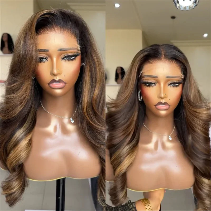 Glueless wig with a platinum - blonde color for a bold and trendy lookeullair Highlight Blonde Mix Brown Glueless Wig Body Wave Human Hair Lace Frontal Wig For Women