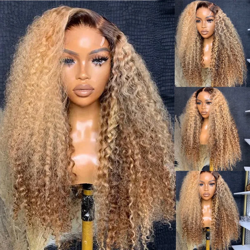 Glueless synthetic wig with a heat - resistant formulaeullair Ombre Honey Blonde Kinky Curly Lace Frontal Wig Highlights Glueless Human Hair Lace Wigs