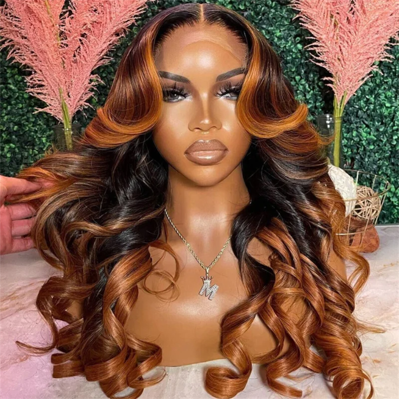 Glueless wig with a natural - looking root for a more realistic lookeullair Pre Colored Ombre Ginger Brown Body Wave Glueless Lace Frontal Wig Skunk Stripe Human Hair Wig For Women