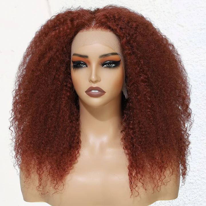 Glueless wig with a curly texture for a bold and stylish choiceGlueless Thick Fluffy Afro Curly Human Hair Reddish Brown Wigs 13*4/4*4 Invisible Lace Wig For Women No Code Needed -Amanda Hair