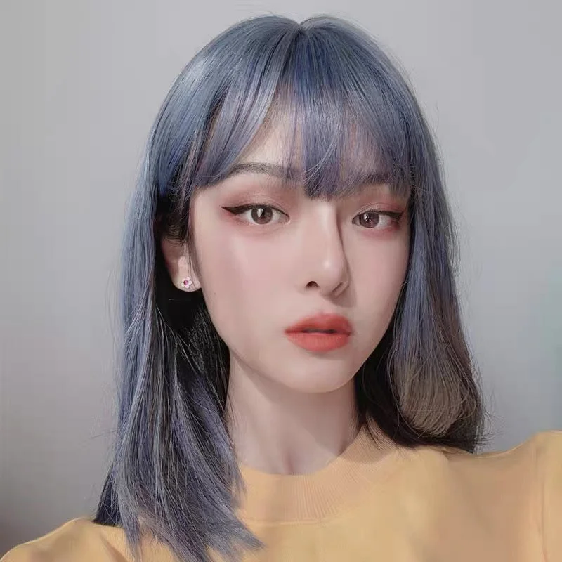 Medium - length wig with a wispy fringe for a soft and feminine lookHarajuku style blue gray straight wig yv43396