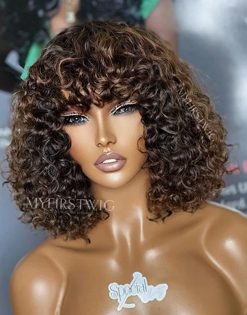 Glueless wig with a curly texture for a bold and stylish choice12-16 Inch Brown Highlight Curly With Bangs Glueless Human Hair Lace Wig / Closure Wig - SPE015