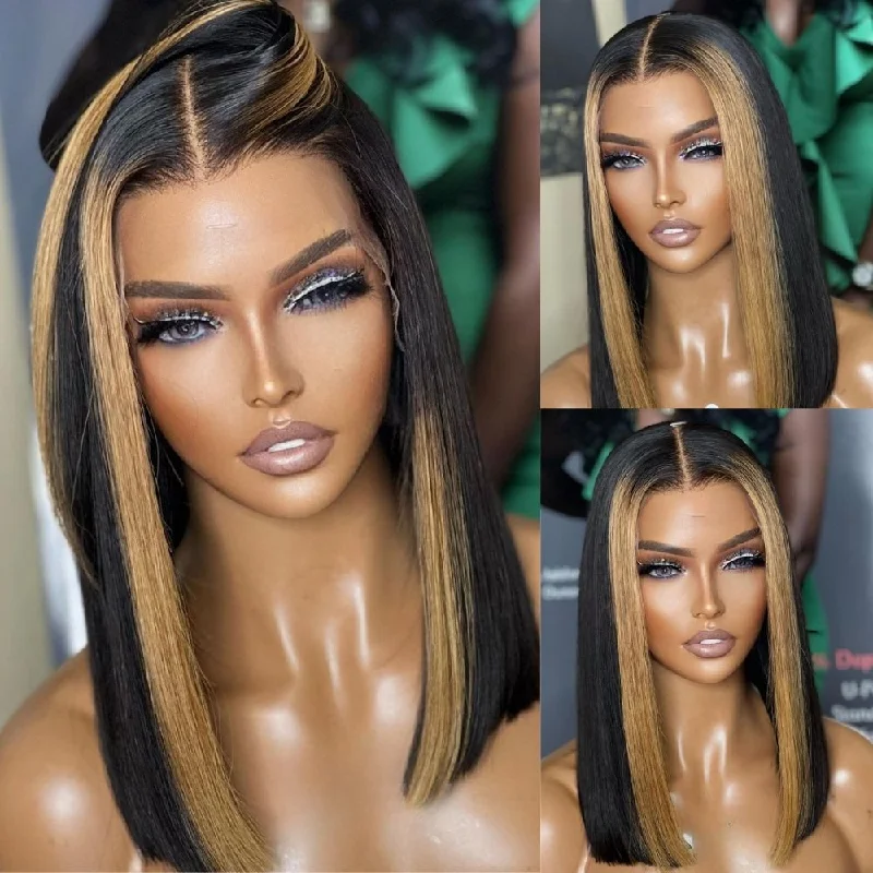 Glueless lace - front wig with a natural - looking hairlineHighlight Light Brown Short Bob Straight Glueless Lace Wig 13*4/4*4 Brazilian Huaman Hair-Amanda Hair