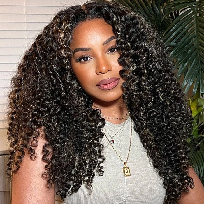 Glueless wig with a natural - looking root for a more realistic lookJasmine 5x5 HD Swiss Lace Closure Pre-cut Lace Highlight Color Wig - Curly