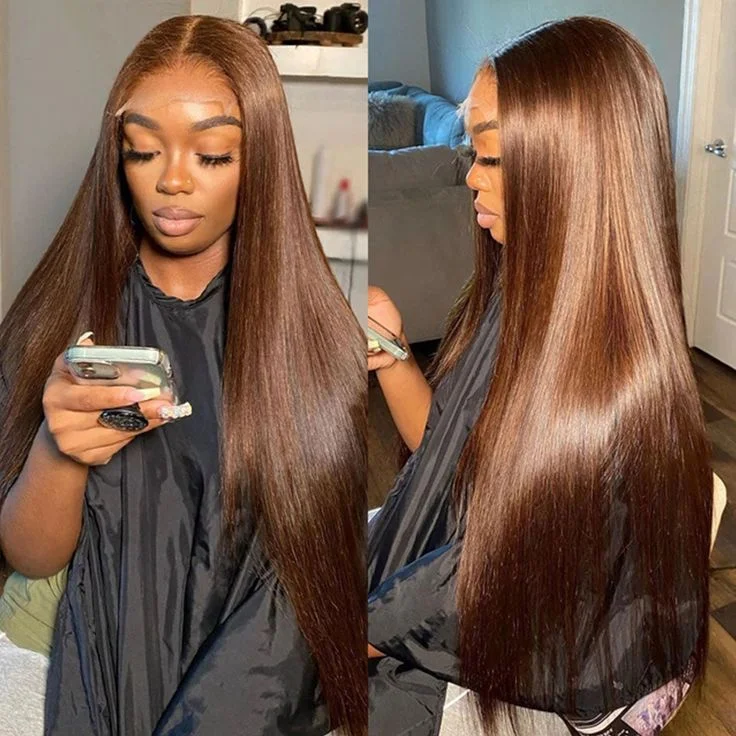 Glueless synthetic wig with a heat - resistant formulaJayde | Chocolate Brown Human Hair Wig 5X5 HD Lace Silky Straight