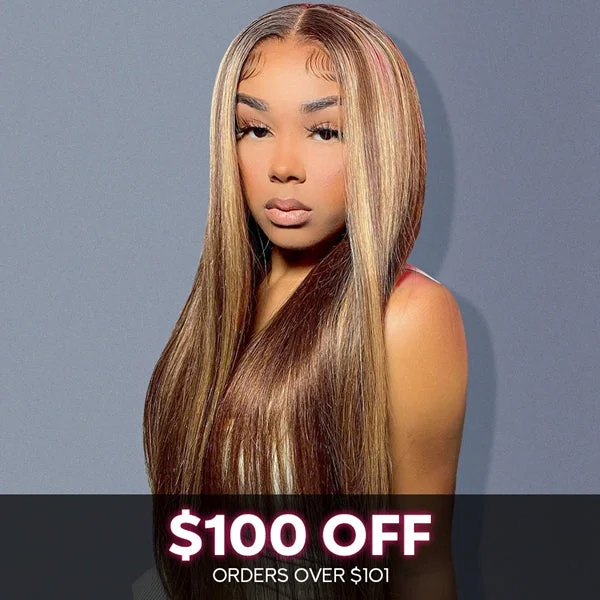 Adjustable - cap glueless wig for a comfortable fitLolly $100 OFF Highlight Ready to Wear Glueless Wigs Human Hair P4 27 Straight 4x4 Closure Colored Wigs Flash Sale