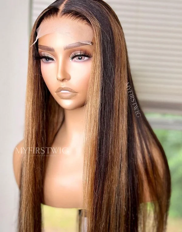 Glueless wig with a silk - base cap for a comfortable and smooth feel16-20 Inch Brown Highlight Straight Glueless Human Hair Lace Wig / Closure Wig - TDC002