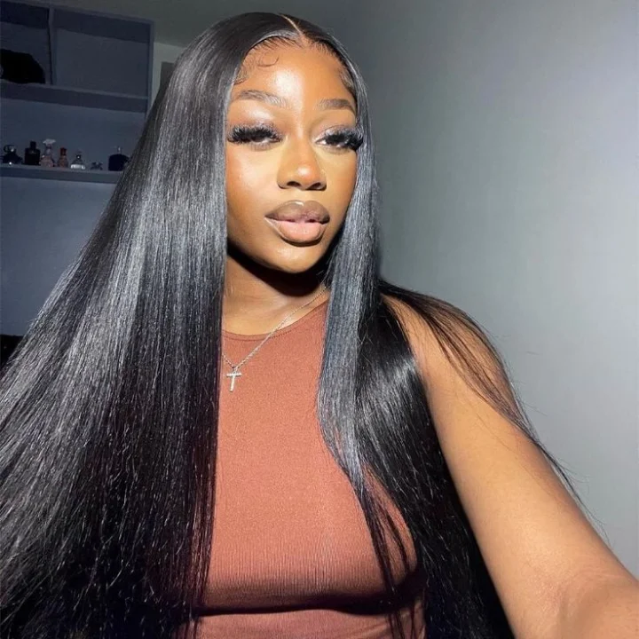 Glueless wig with a pre - plucked hairline for a more natural lookAmanda Hair Long Sikly Straight Undetectable HD Glueless v8  Lace Closure 5x7 Wigs with Deep Hairline Free Part Hairstyle