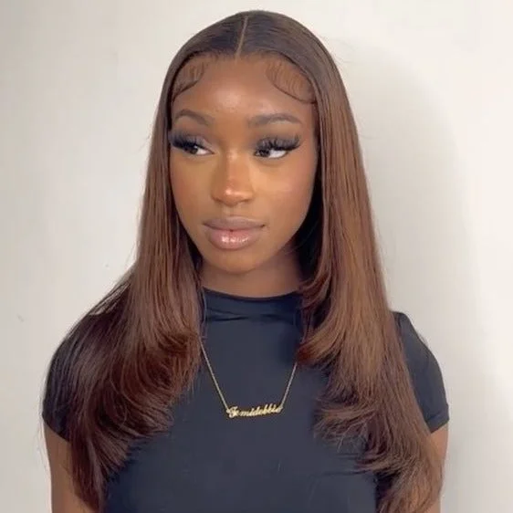 Glueless wig with a side - part for a more flattering lookLowkey | Layered Cut Dark Roots Ombre Brown 5X5 HD Lace Closure Wig