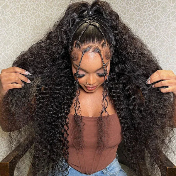 Medium - length wig with a natural - looking root for a more realistic lookOvernight Shipping Glueless HD Transparent 13*4 Deep Curly Lace Front Human Hair Wigs 180% Density