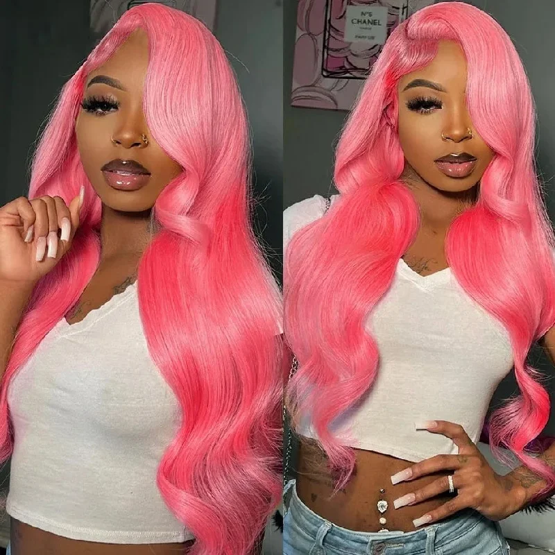 Synthetic medium - length wig with a natural - looking textureAllove Hair 30 Inch Pink Colored 13x4 HD Glueless Lace Front Wig Body Wave Barbie Hairstyle