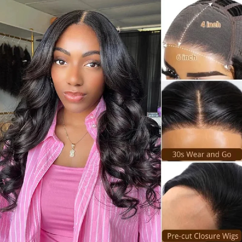 Glueless lace - front wig with a natural - looking hairlinePre-Cut Lace Glueless 6x4 Closure Transparent Lace Human Hair Wear Go Wig - Body Wave