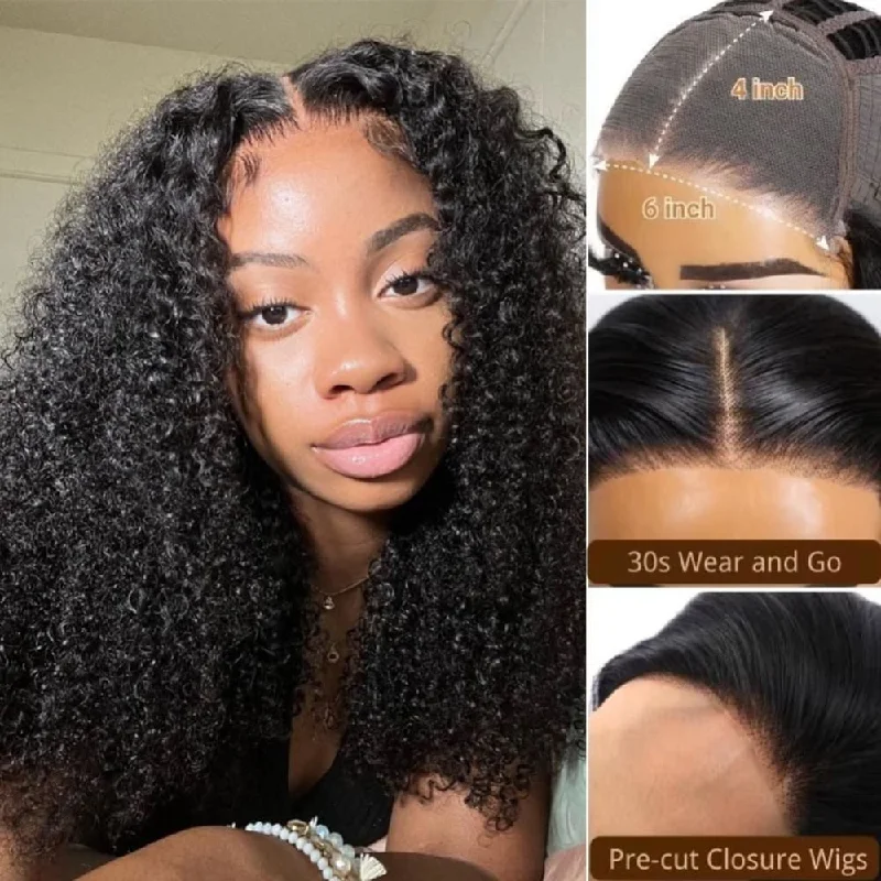 Glueless wig with a 180 - density for a full and thick appearancePre-Cut Lace Glueless 6x4 Closure Transparent Lace Human Hair Wear Go Wig - Curly