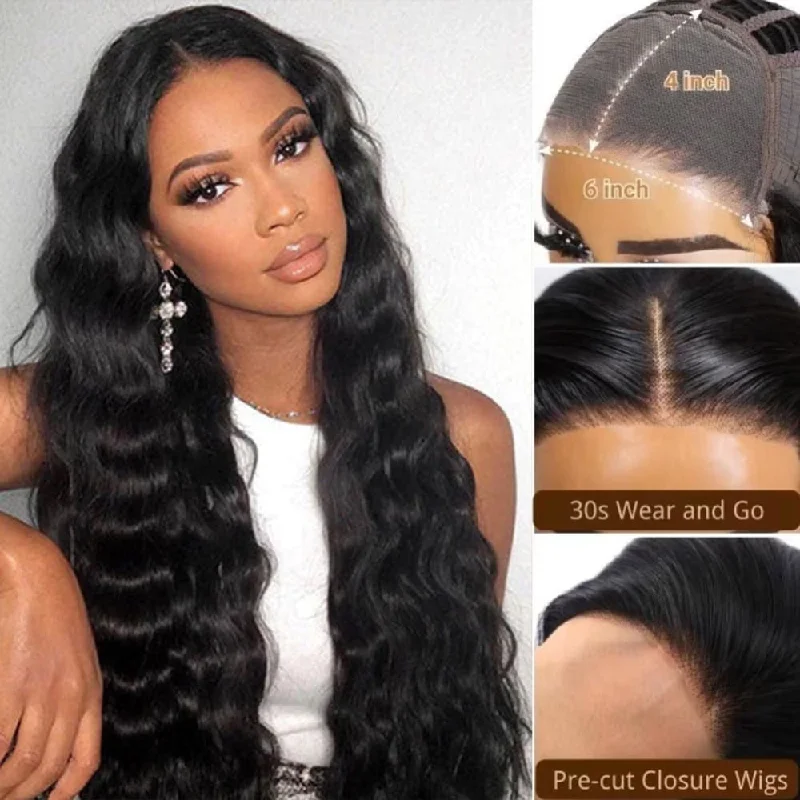 Glueless wig with a 180 - density for a full and thick appearancePre-Cut Lace Glueless 6x4 Closure Transparent Lace Human Hair Wear Go Wig - Loose Deep Wave