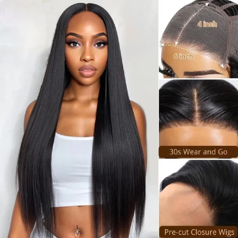 Glueless wig with a side - swept bang for a sophisticated lookPre-Cut Lace Glueless 6x4 Closure Transparent Lace Human Hair Wear Go Wig - Straight