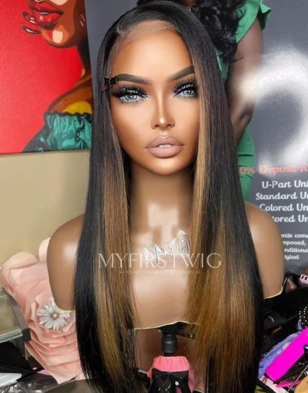 Glueless wig with a curly texture for a bold and stylish choice16-20 Inch Layered Ombre Brown Straight Glueless Human Hair Lace Wig / Closure Wig - SPE074