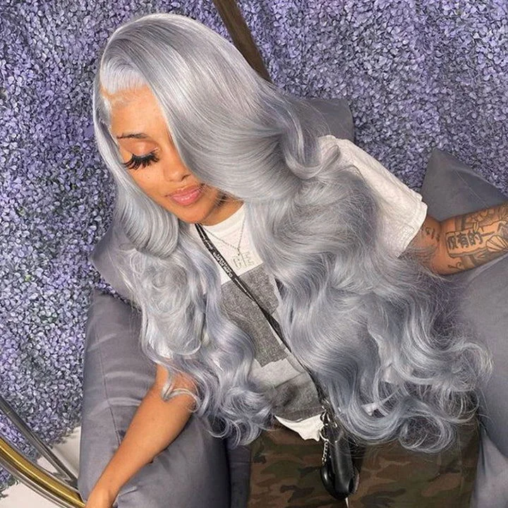 Medium - length wig with a platinum - blonde color for a bold and trendy lookSilver Grey Body Wave Human Hair Wig 13x4 HD Lace Frontal Wig Colored Human Hair Wigs For Women