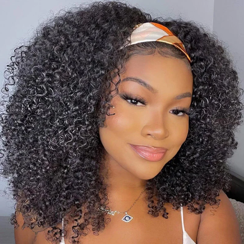 Medium - length wig with a silk - base cap for a comfortable and smooth feelThrow On & Go | Short Kinky Curly Affordable Headband Wig